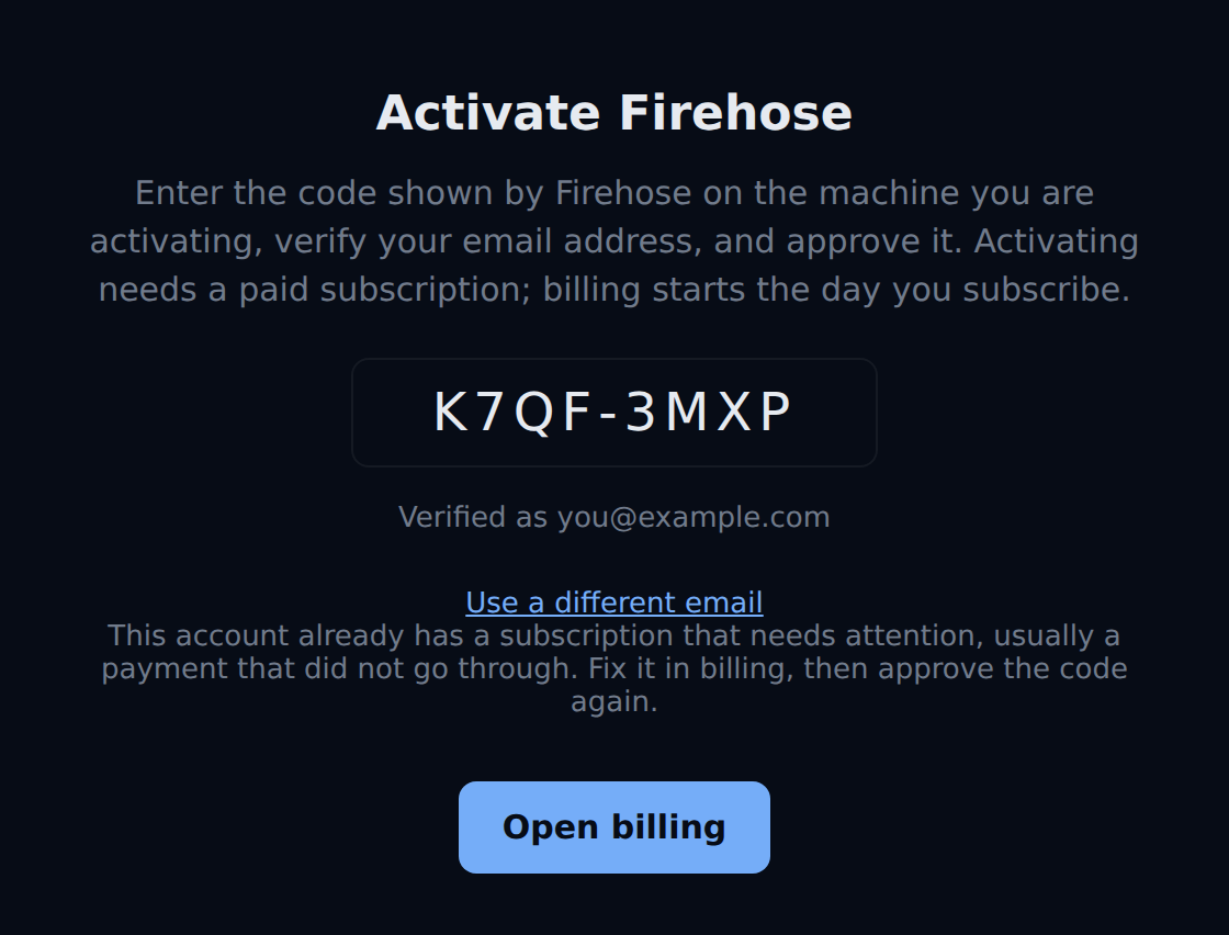 The activation page saying: This account already has a subscription that needs attention, usually a payment that did not go through. Fix it in billing, then approve the code again. Below is the Open billing button.