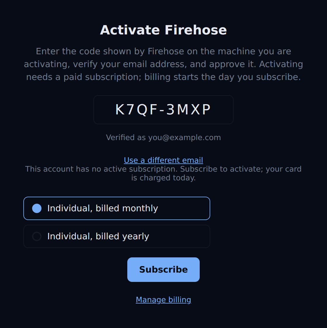 The activation page asking you to subscribe. Two plan choices, Individual, billed monthly (selected) and Individual, billed yearly, appear above the Subscribe button.