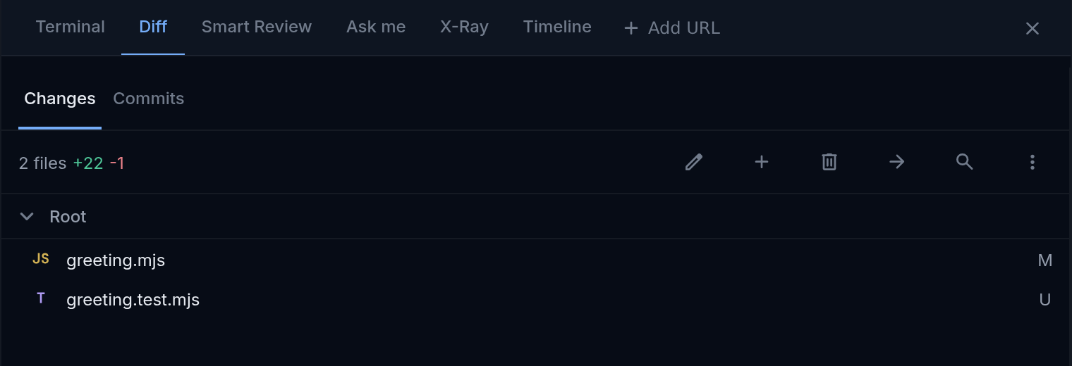 The Diff tab with Changes selected and Commits beside it. A toolbar shows 2 files, +22 −1, and icons ending with a search icon and a three-dot Diff filters button. The file list shows greeting.mjs as modified and greeting.test.mjs as untracked.