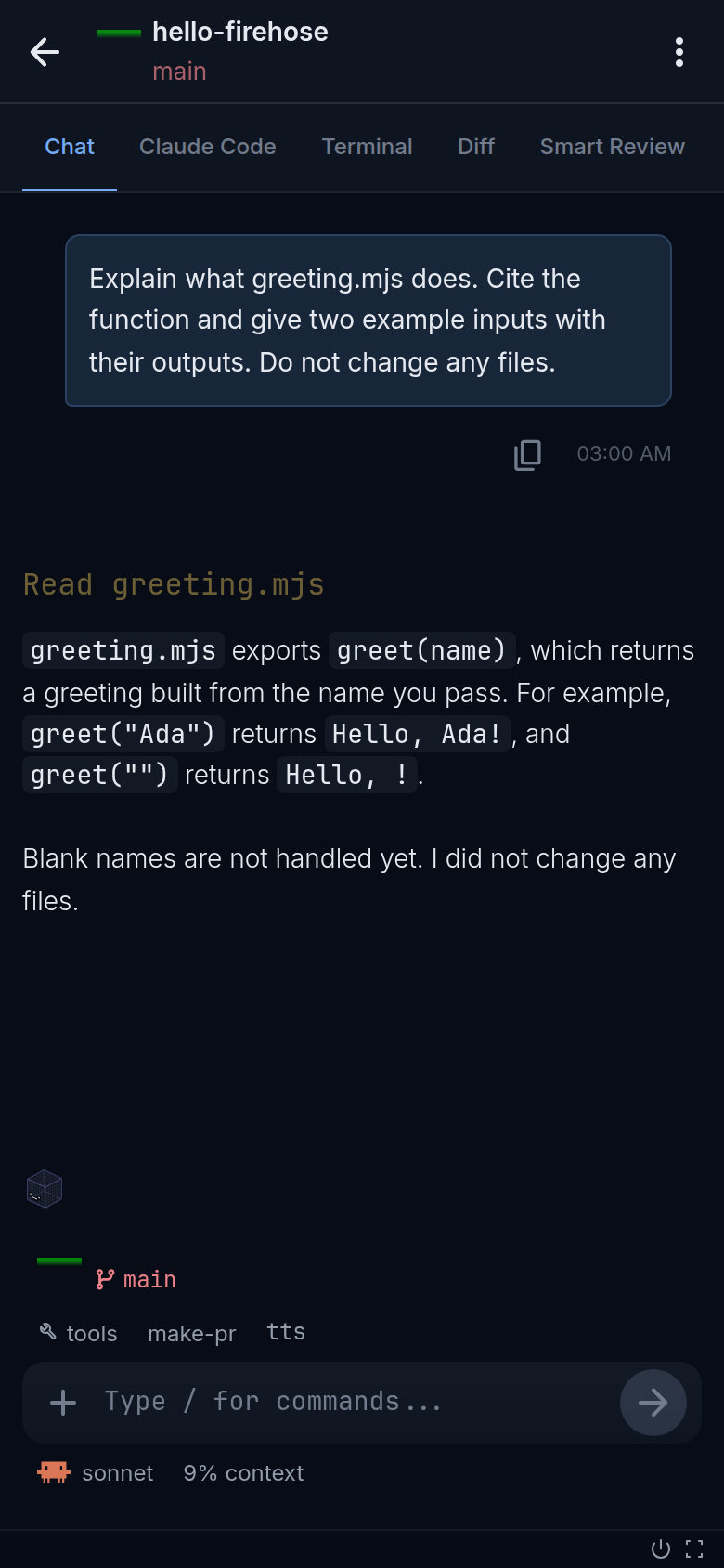 Firehose on a phone showing one session. The header has a back arrow, the project and branch, and a three-dot menu. Tabs below it start with Chat. The message box is at the bottom.