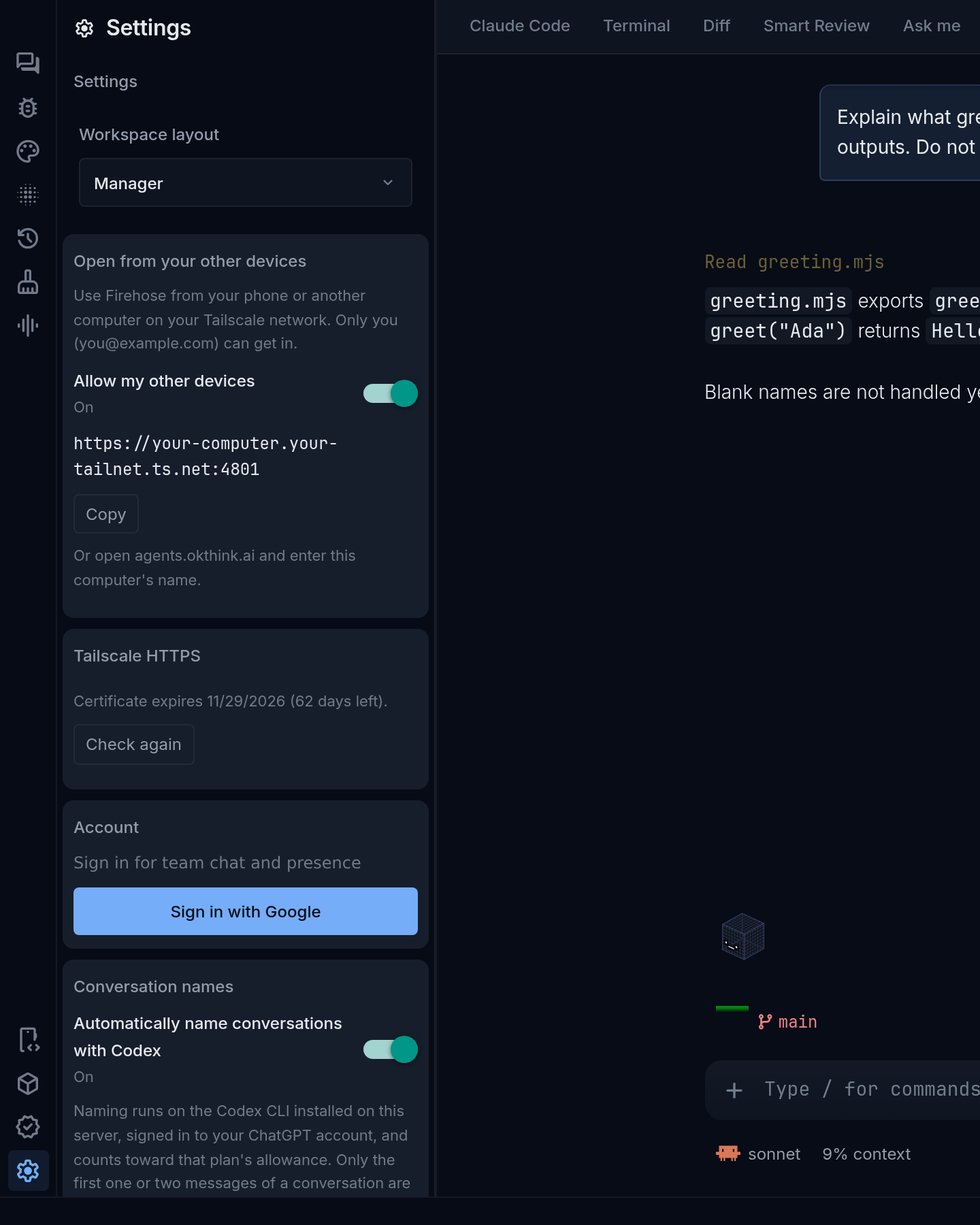 Settings open in the sidebar, with the gear icon highlighted at the bottom of the icon rail. Sections include Workspace layout, Open from your other devices with Allow my other devices switched on, Tailscale HTTPS, Account, and Conversation names.